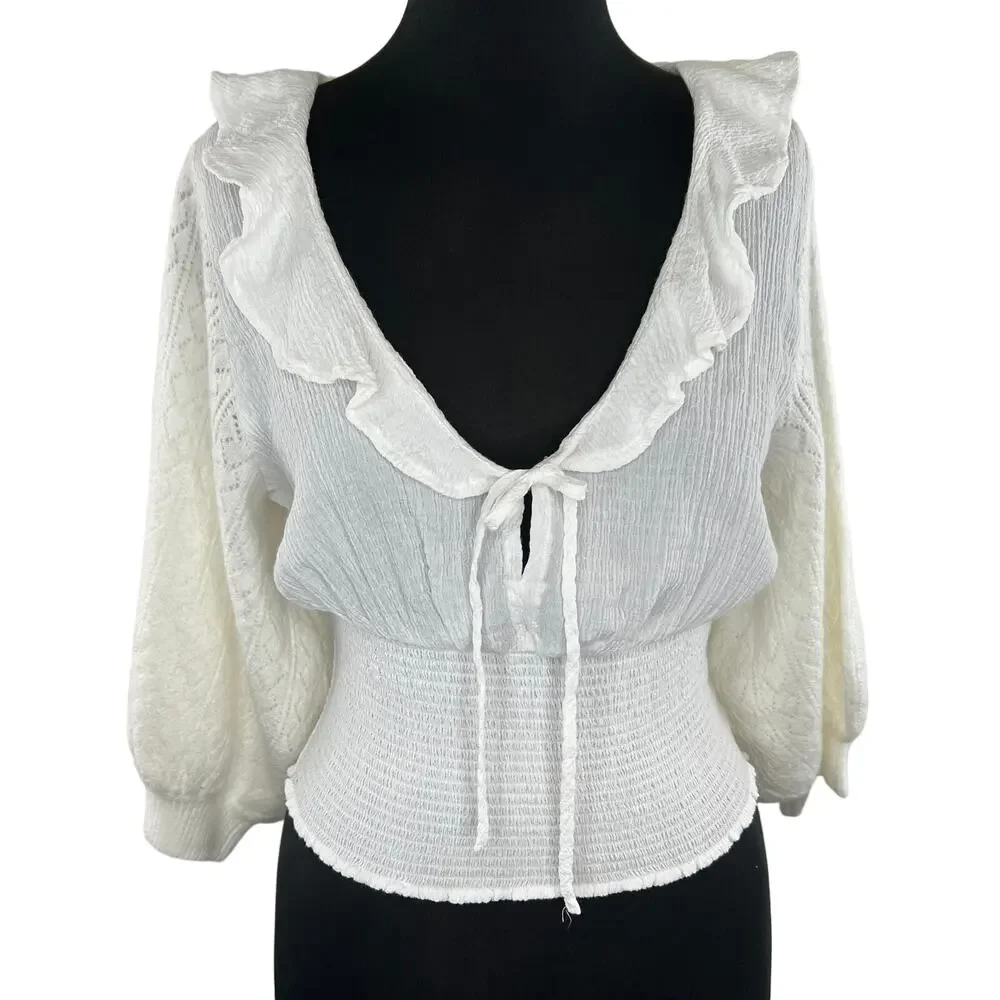 FREE PEOPLE Ivory Billie Cascade Ruffle 3/4 Puff Sleeve Smocked Sweater Top Sz S
